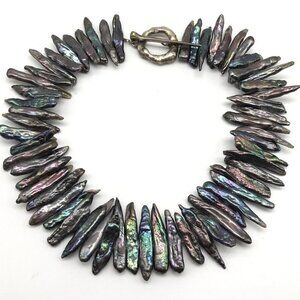 Vintage 925 Sterling Silver Chunky Abalone Unique Abstract Toggle Necklace